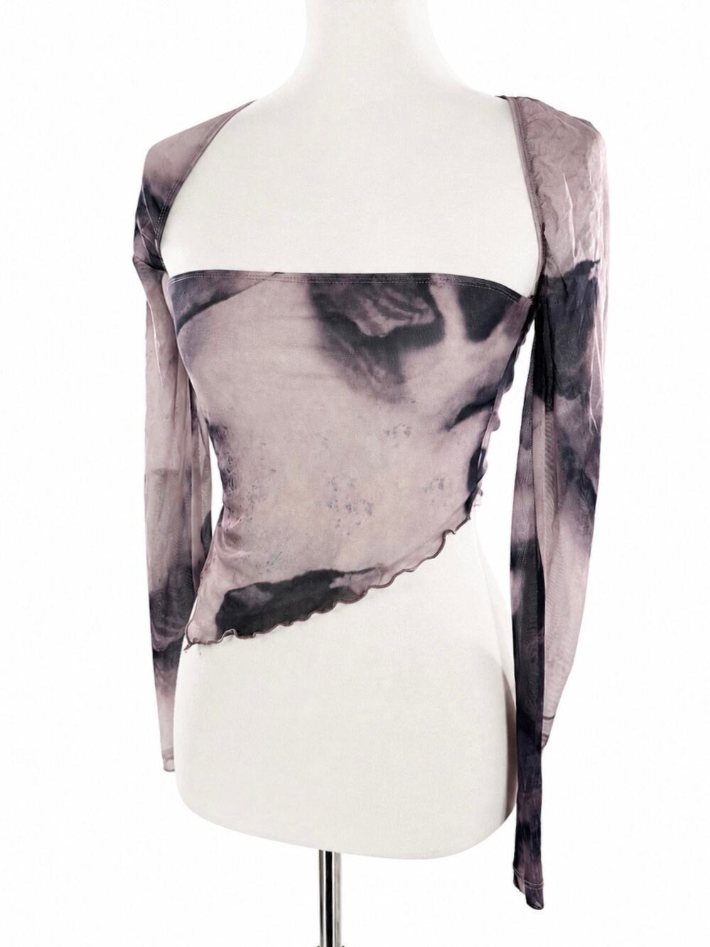 Sheer Abstract Print Mesh Long Sleeve Crop Top Gray Black Y2K Goth Small